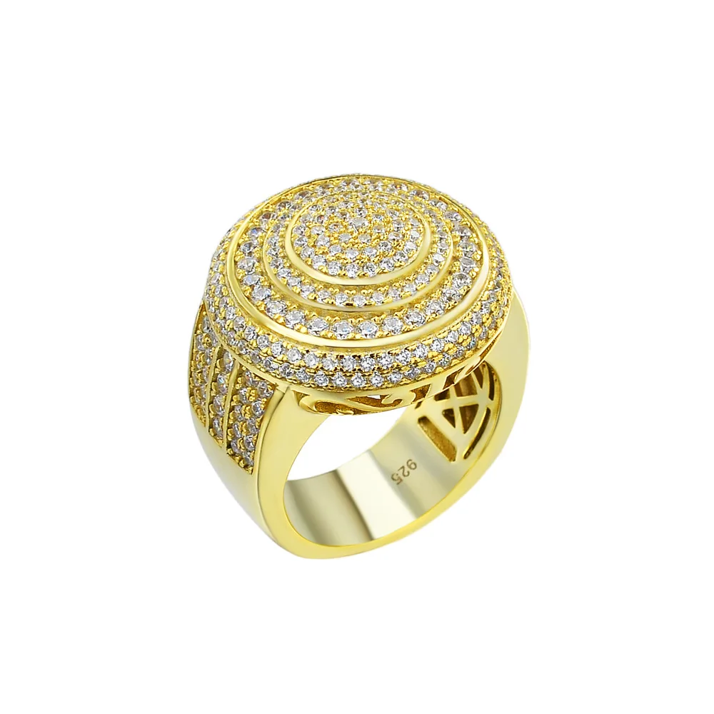JEWE S925  Hip Hop Jewelry Round Iced Out Ring 18K Gold Plated Ring Diamond Crystal CZ Bling Ring For Men