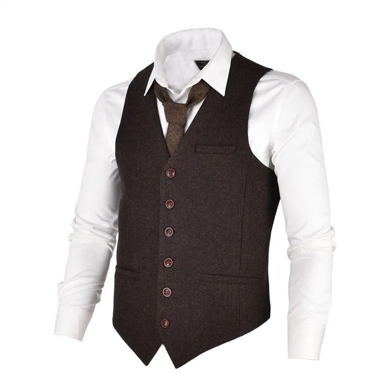 

VOBOOM Men Waistcoat Coffee Suit Vest Male Herringbone Wool Blend Tweed Single-breasted Vests 007