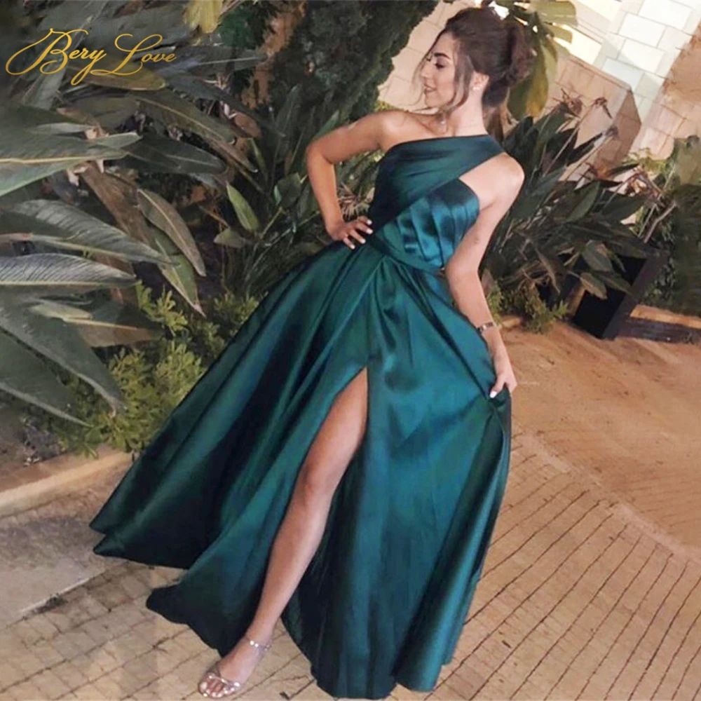 

Berylove Satin Green Evening Dresses Elegant Draped Prom Dress High Waist Evening Gowns High Slit Party Dress Robe de soiree