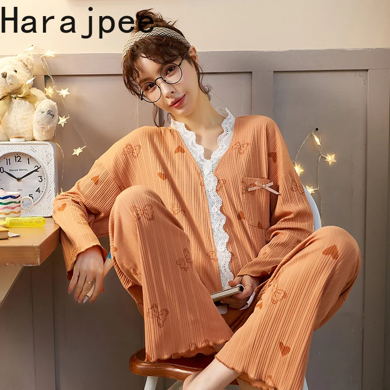 

Harajpee Sleepwear 2021 New Spring and Autumn Long Sleeved Pajamas Women's Cardigan Thin Pure Cotton Home Clothes Two-piece Suit