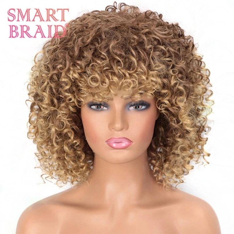 

short Afro Kinky Curly Wigs With Bangs For Black Women African Synthetic Ombre Glueless Cosplay Wigs High Temperature 14"