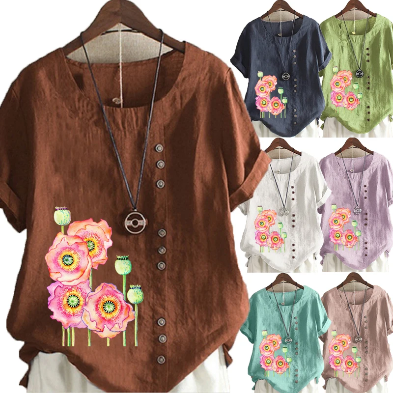 

Summer Women's Casual Floral Printed Loose Cotton Linen T-shirt Retro Round Neck Large Size Short Sleeve Top S-5XL