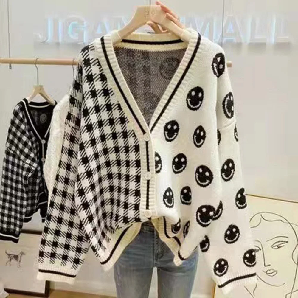 

Женский вязаный кардиган с принтом, повседневный однобортный свободный свитер с V-образным вырезом и длинным рукавом, Осень-зима 2021
