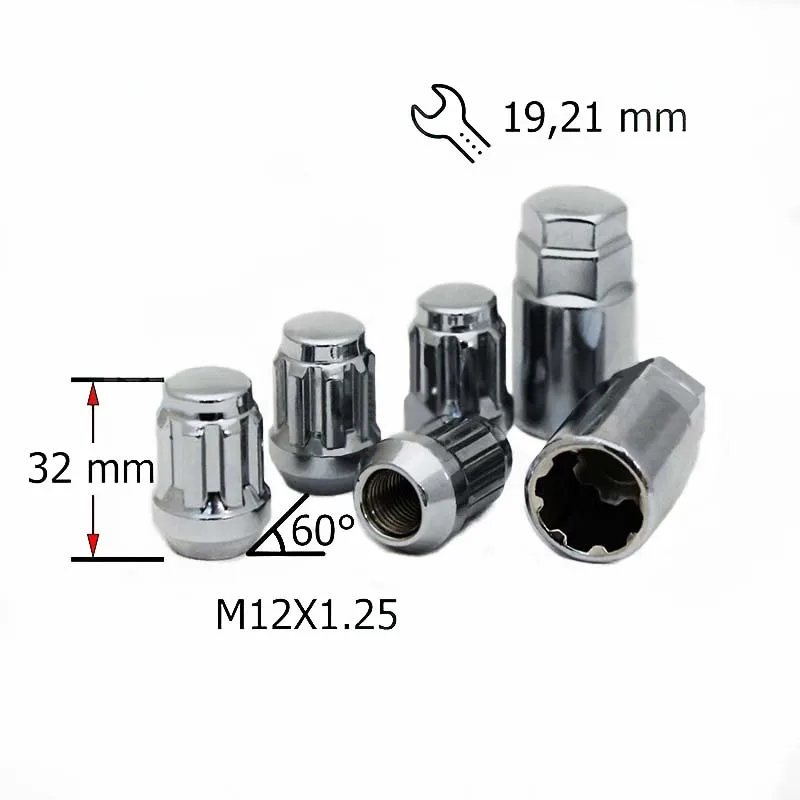 Комплект секреток гаек M12X1 25 32мм Конус закр 5 луч 2 кл 1921 Хром|Колпаки на колеса| |