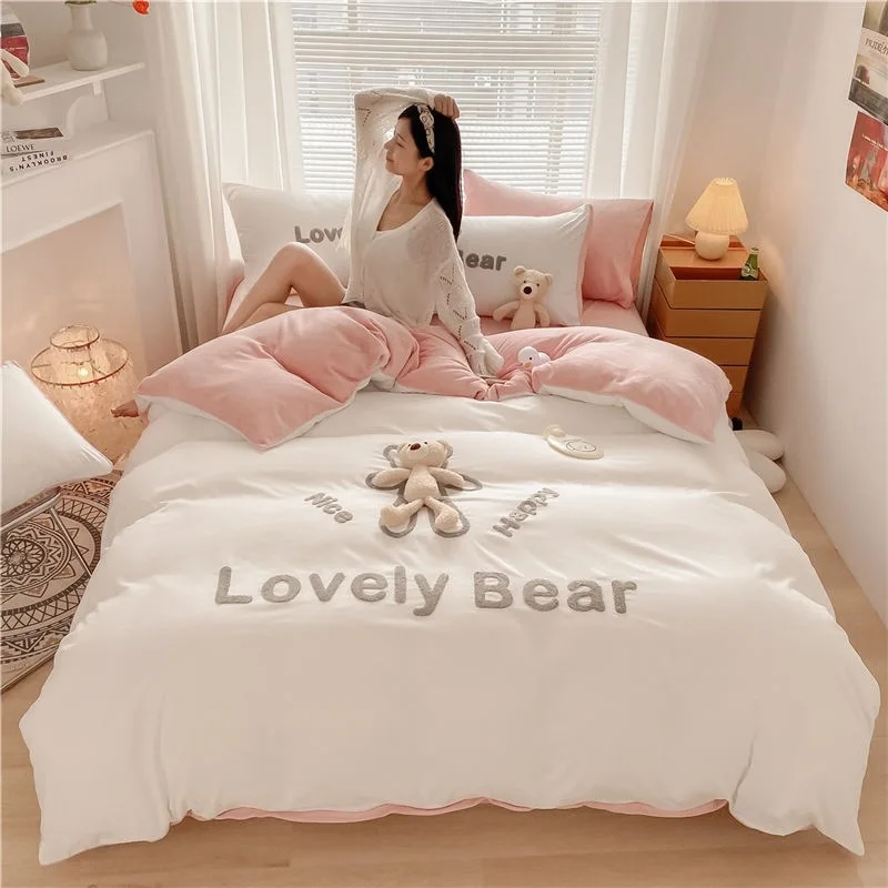 

Warm Soft Velvet Flannel Fleece Cute Stereoscopic Toy Bear Bedding Set Double Duvet Cover Set Bed Sheet Pillowcases Linens Set