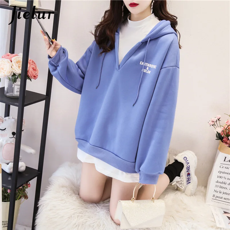Jielur Hoodies Women Warm Autumn Winter New Fake Two Pieces Sweatshirt Loose Chic Korean Hoodie Femme Sudadera Mujer M-XXL | Женская
