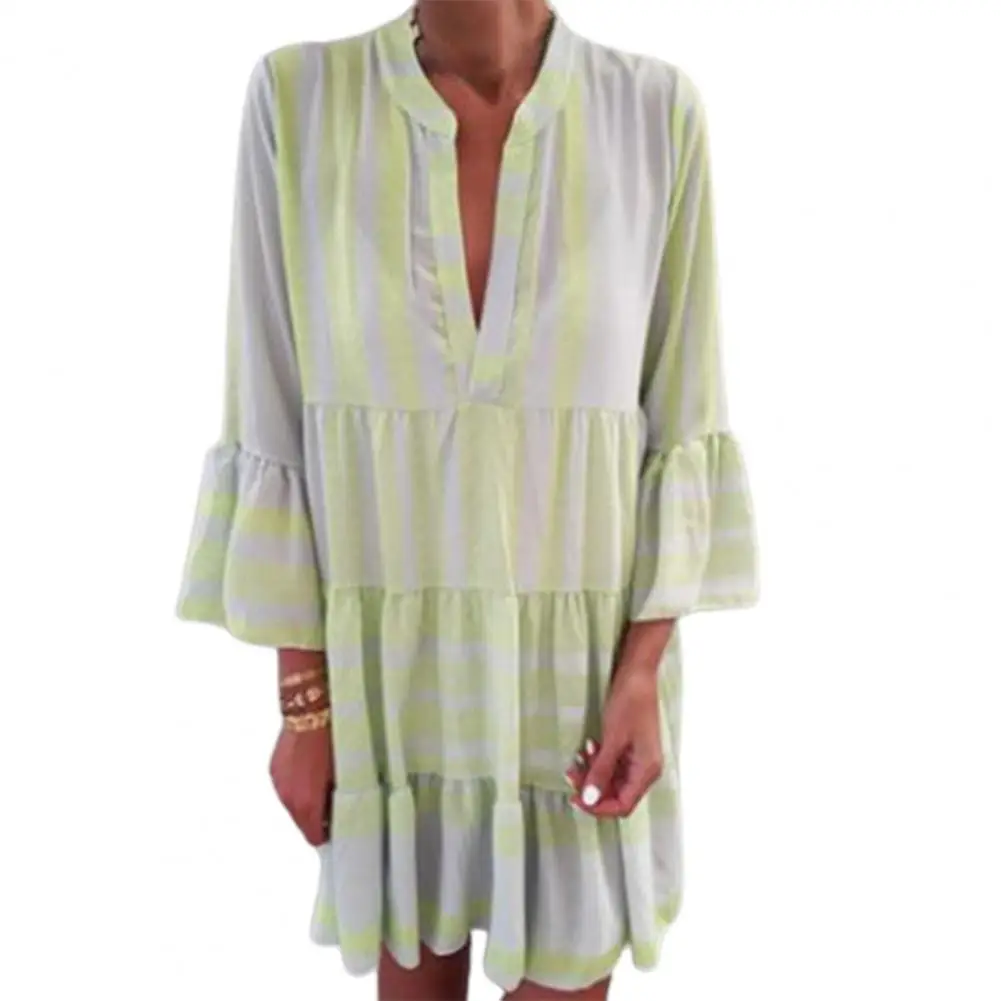 

V Neck Mini Dress Three Quarter Sleeve Flare Sleeve Striped Print Casual Ruffle Dress for Party