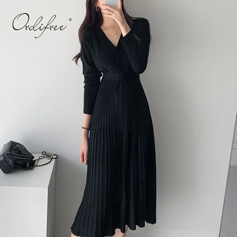 Женское трикотажное плиссированное платье Ordifree элегантное винтажное