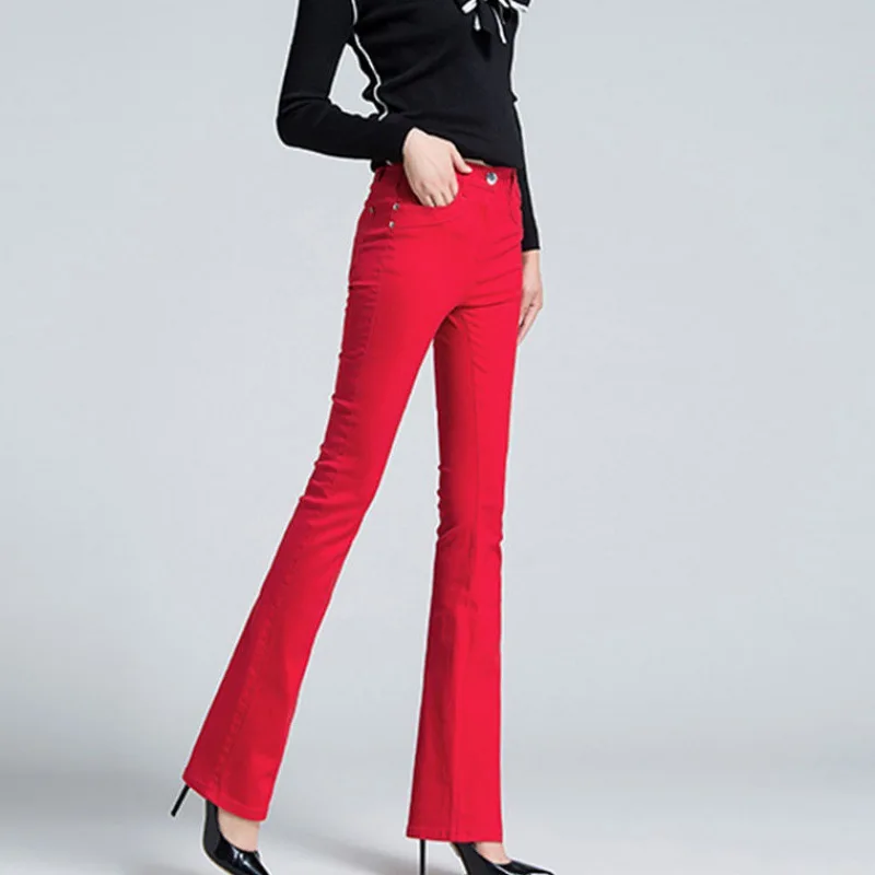

Women Pants Slim Thin White Stretch Pants Girls Straight Solid Color Black Red Blue Flared Trousers Drop Shipping Plus Size