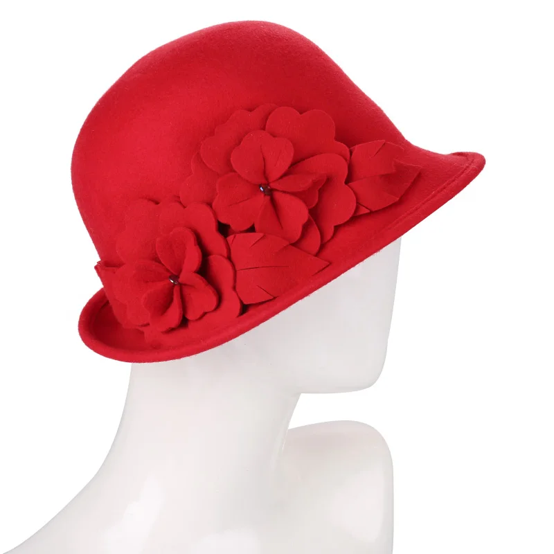 Sedancasesa Wool From Australian Felt Hat for Girls Child Bucket Hats With Flower Decoration Fedoras for Children 52cm