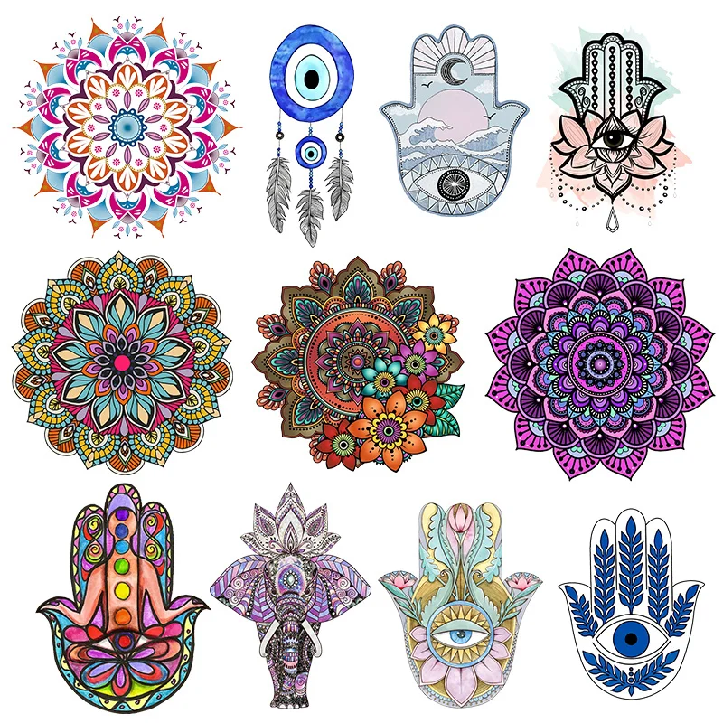 

Hand of Fatima Mandala Flowers Heat Transfer washable Iron on Patches Stripes Thermo Stickers Patch Iron on T-shirts Decoration