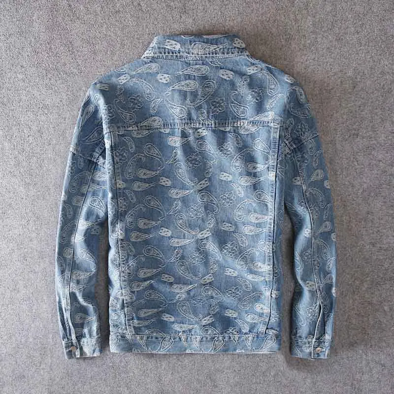 

KIOVNO Men's Hip Hip Printed Jean Jackets Blue Washed Denim Jackets Male Streetwear Size S-3XL