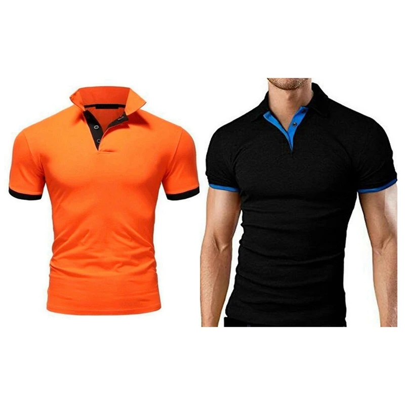 

Рубашка-поло мужская с коротким рукавом, модная однотонная деловая рубашка-поло, оранжевый/черный/синий цвета, 5xl, 2 шт.