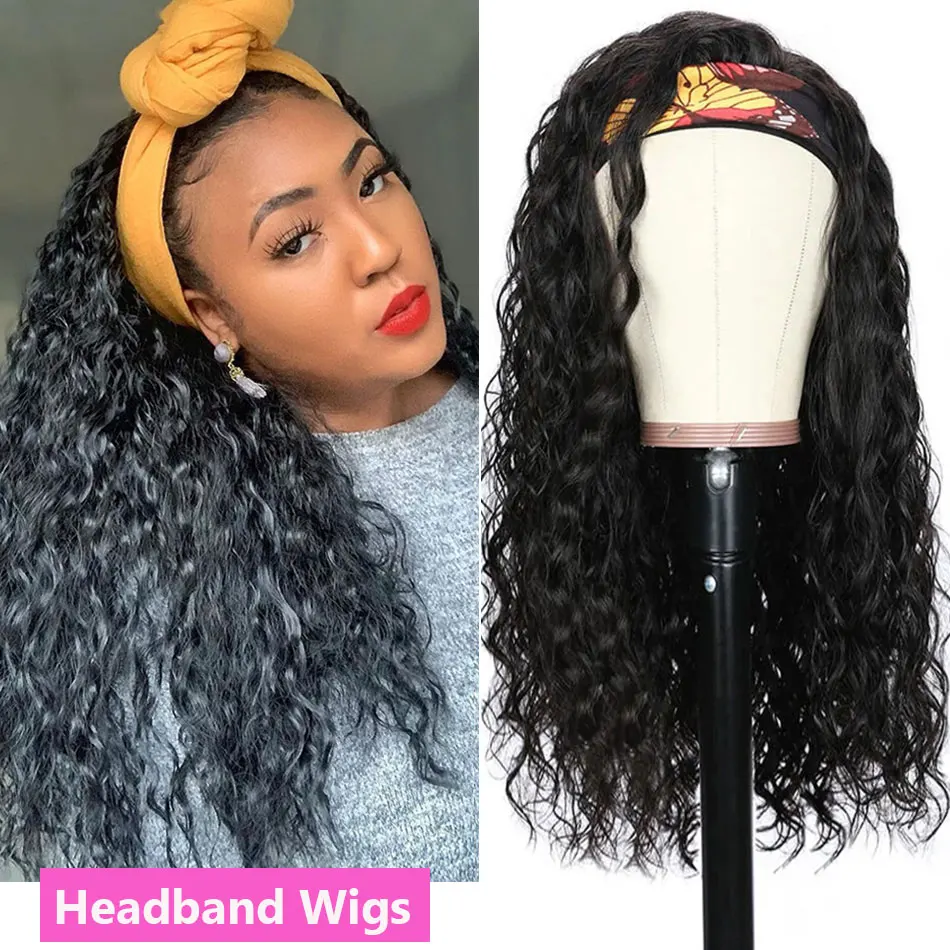 

Peruvian Water Wave Headband Wigs With Scarf No Glue Full Machine Made Human Hair Wig with Bangs Natural Hair For Black Women