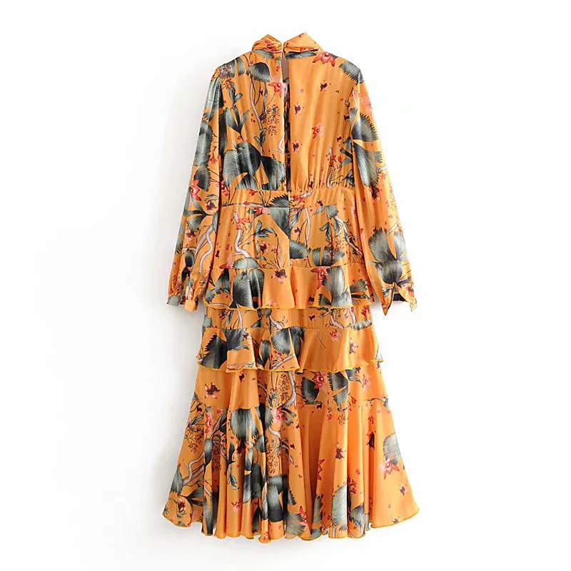 Женское модное платье миди с цветочным узором длинным рукавом украшенное