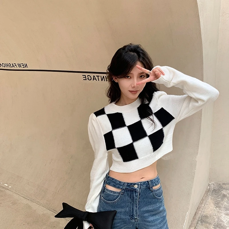 

Women's Cropped Sweater Winter Warm Sweaters Knitted Checkerboard Printing Femme Full Solid Tops Women Clothing Streetwear