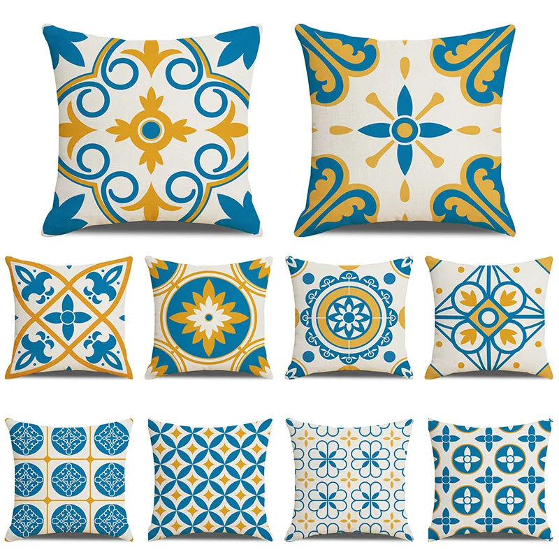 

Fuwatacchi Linen Geometric Pattern Cushion Cover Blue Flower Printed Pillow Covers for Home Sofa Decorative Pillowcases 45x45cm