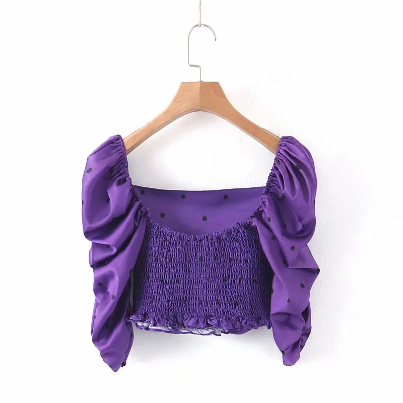 

Designer stylish for love lemons cyndi top blouse and shirt vintage satin dot purple square neck puff sleeve ruffles slim shirt