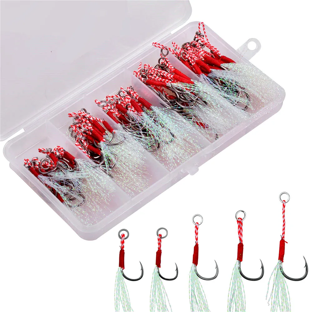 70/80/90Pcs Casting Metal Jig Assist Fishing Hook Slow Jigging lure Bass jigs hook Barbed Fishhook Tying Up Flasher Feather