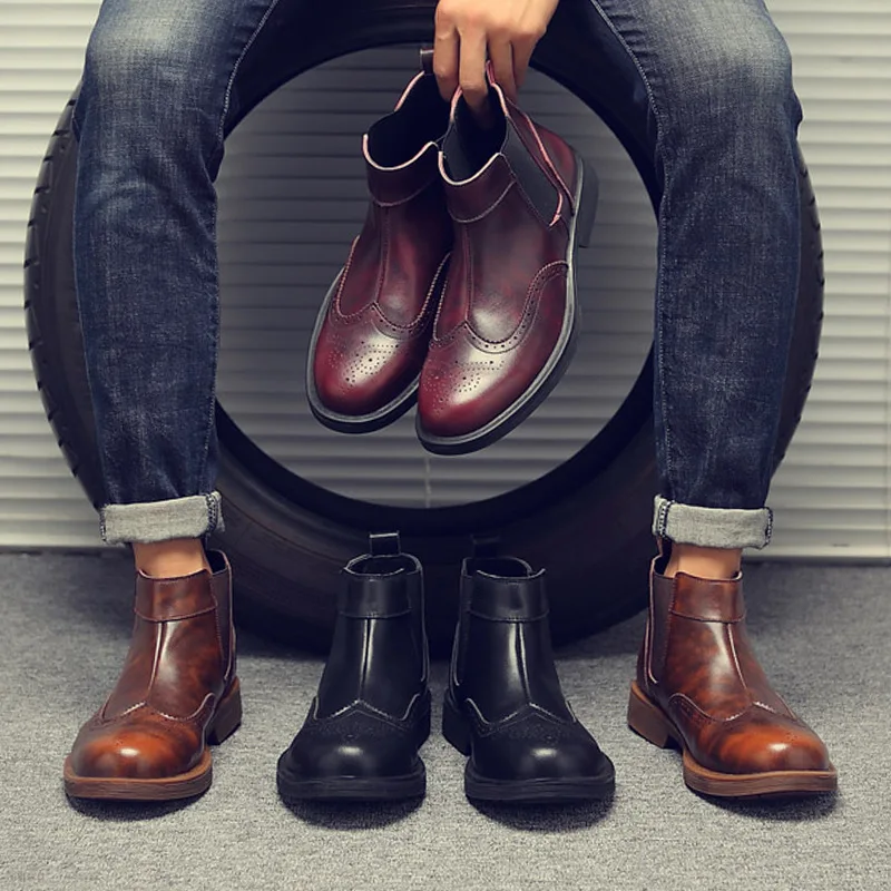 Winter PU Chelsea Boots Men Elastic Band Pointed Toe Ankle Boots Solid Casual Motorcycle Shoes Plus Size Black Brown