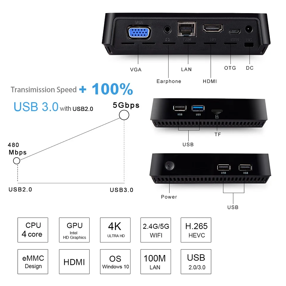 Мини-пк T11 Z8350 Win10 Intel Atom 4 + 32/64 гб Linux HDMI VGA usb 2 5 | Компьютеры и офис