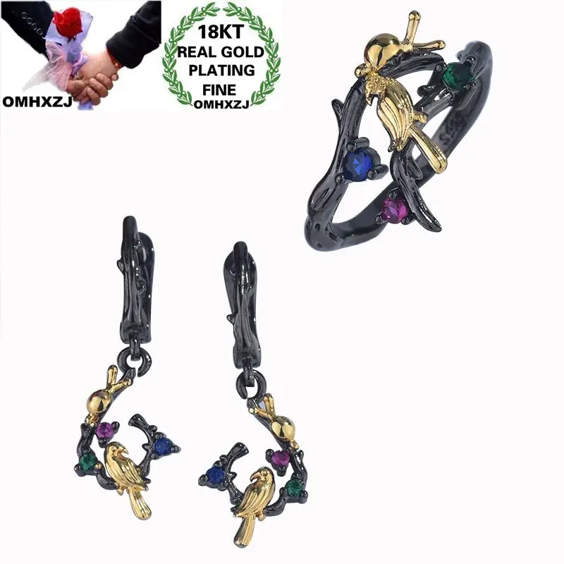 

OMHXZJ Wholesale JE68 Fashion Woman Girl Party Birthday Wedding Gift Bird AAA Zircon 18KT Black Gold Earrings+Ring Jewelry Set