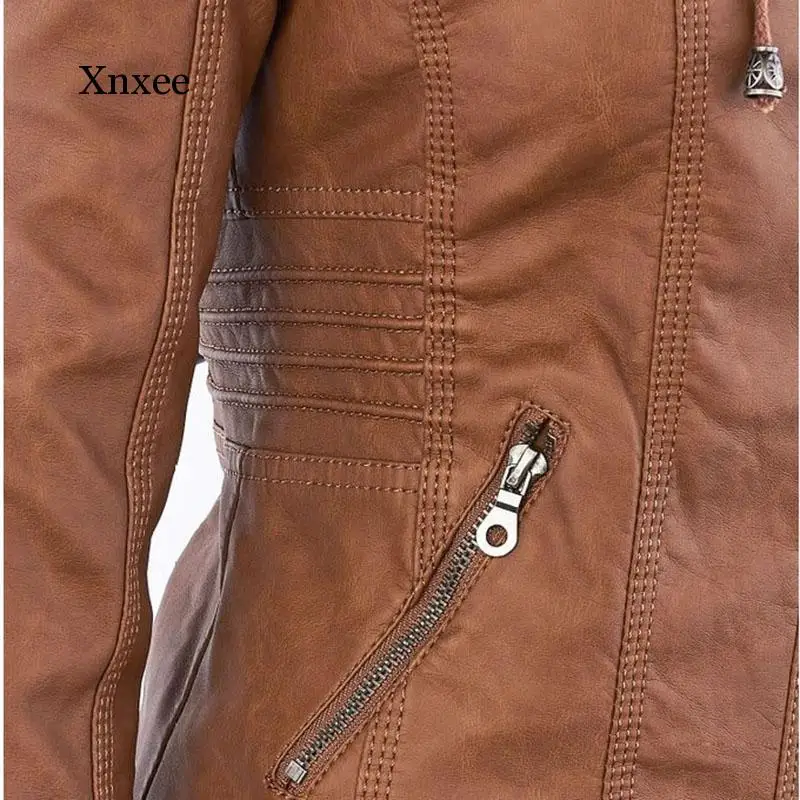 Faux Soft Leather Jackets Coats Lady Black PU Zipper  Motorcycle Streetwear  Women Autumn Winter warm zipper hooded  khaki