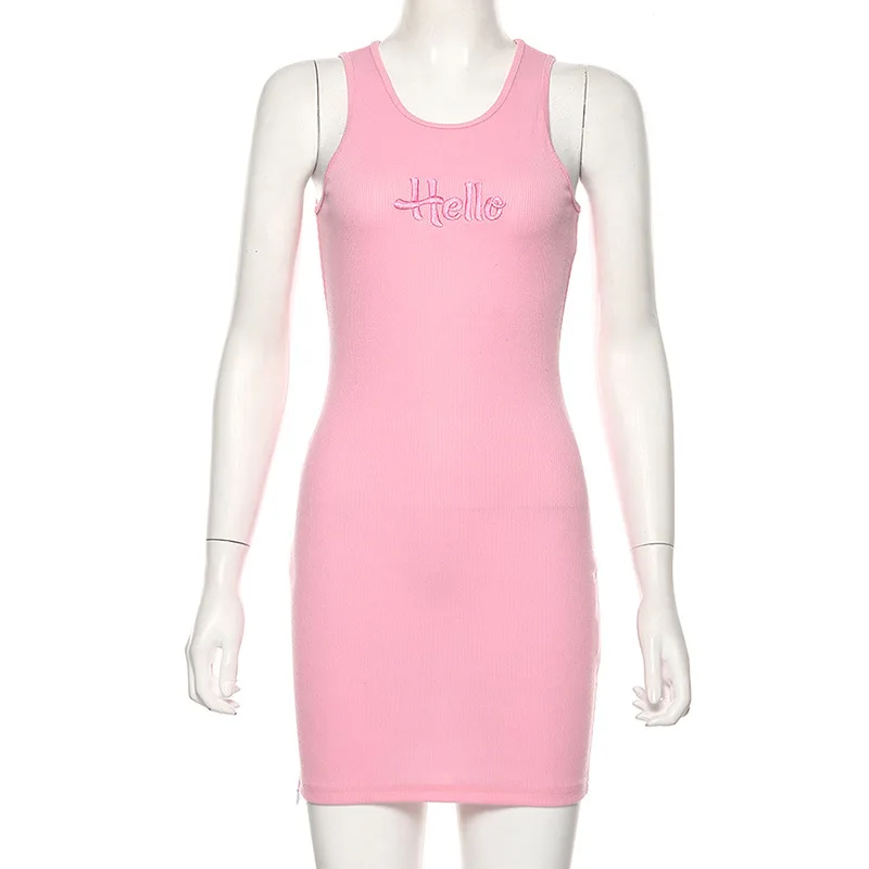 

Fannic 2020 Summer round Neck Embroidered Slim Sexy Bag Hip Plain Sleeveless Slit Hemline at Hem Dress