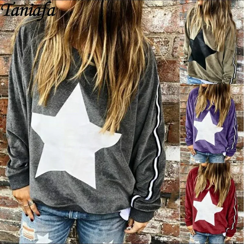 

Autumn Winter Fashion Womens Star Printing Long Sleeve O-neck T-shirt Pullovers Casual Female Sweatshirts Blouse