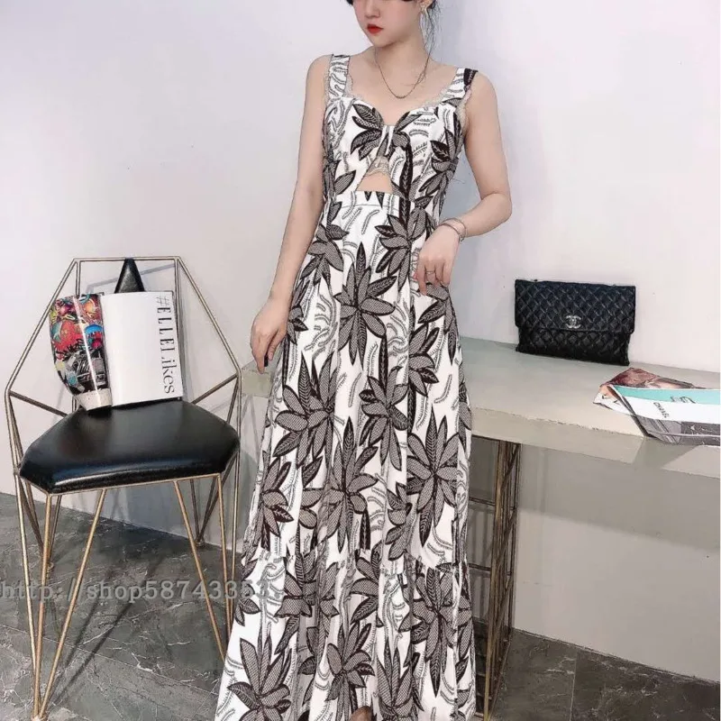 

[DEAT] New Summer Fashion Women Printed Vintage Styles Straps V-neck Sleeveless Printed High Waist Long Dress WS23503L