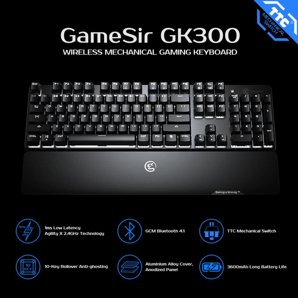 

GameSir GK300 2.4GHz Wireless Mechanical Gaming Keyboard Aluminium Alloy Bluetooth Keypad with Wrist Rest for Android / iOS / PC