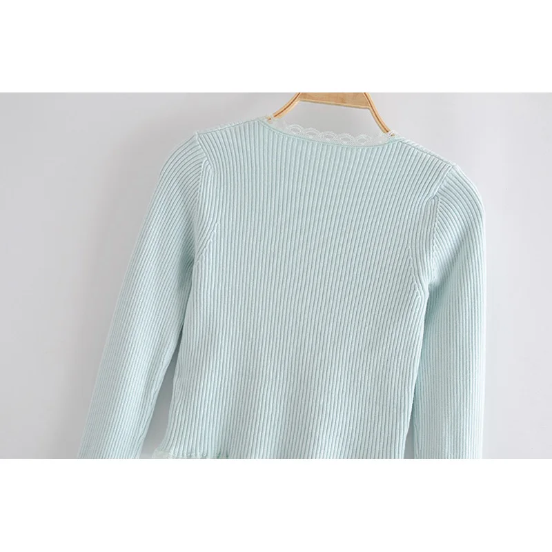 

2020 New Women Knit Sweater Solid Lace Button Long Sleeves V-Neck Sweater Tops femme vetement ropa mujer