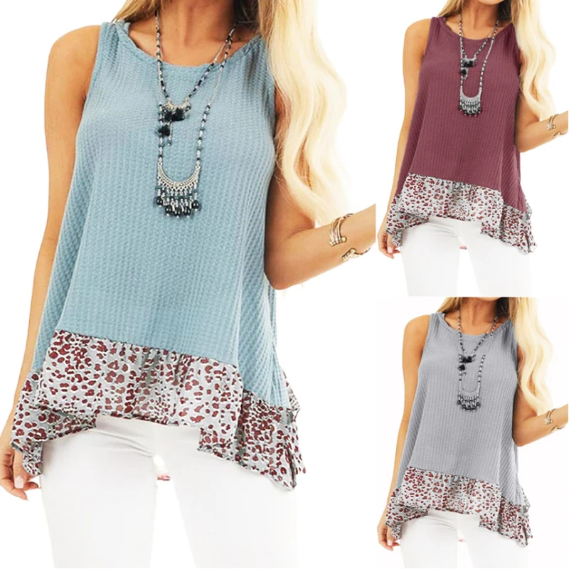 

Fashion Loose Casual Women's T-shirt O-neck Sleeveless Top Street Shirt Summer Top Leopard Pattern Stitching Vest Pullover Women