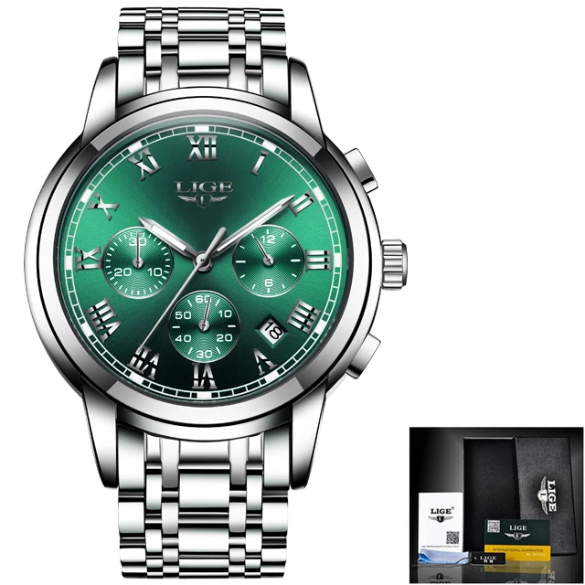 

2020 LIGE New Quartz Watches Men Silver Green Full Steel Waterproof Wristwatch Top Brand Luxury Casual Sport Mens Watch With Box