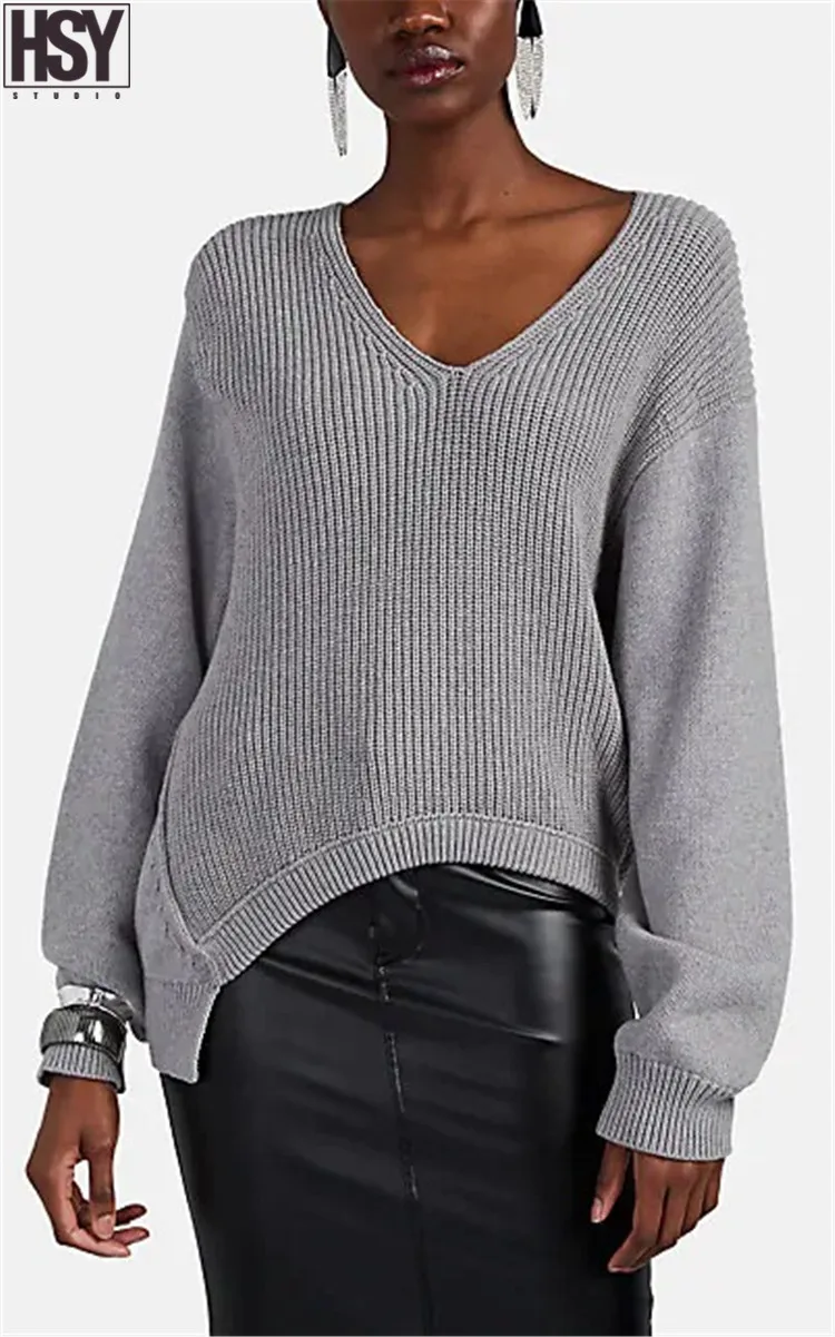 【HSY】2019 New Fashion Simplicity Women Sweater Long Sleeve V-neck Pure Color Baggy Pullover 2 Colors | Женская одежда