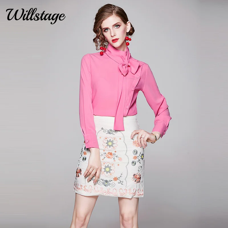 

Willstage pink Blouse long sleeve women shirts bow lace up button solid color Tops 2020 Spring Autumn Elegant work wear