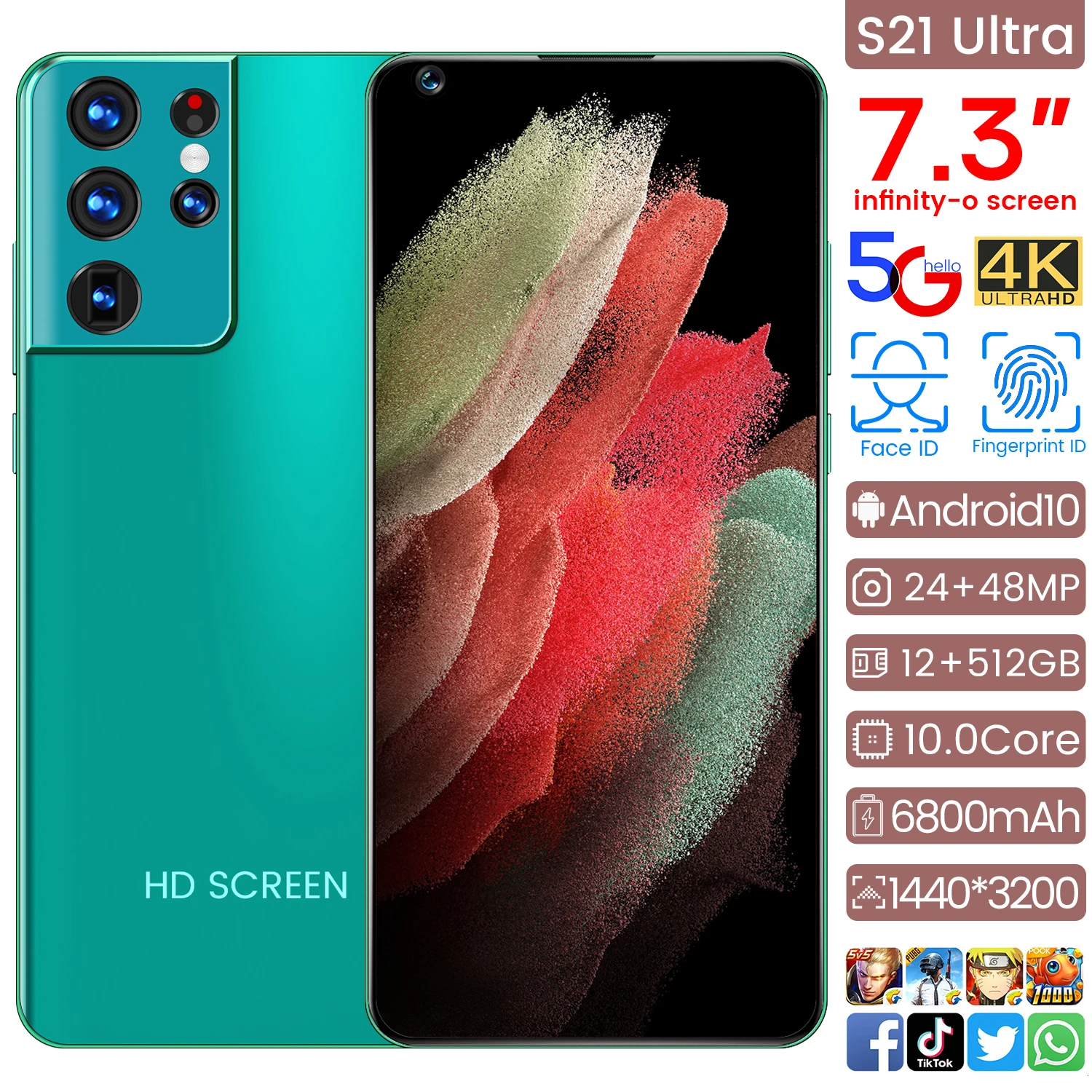 

Global Version S21 Ultra 7.3 Inch 8+256GB 6800mAh MobilePhone 24+48MP Dual Camera Smartphone Fingerprint And Face Unlock MTK6889