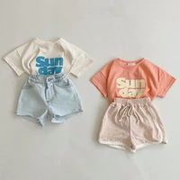 2022 summer new baby girl clothes set cute letter print t shirt denim shorts set boys clothing kids casual outfits