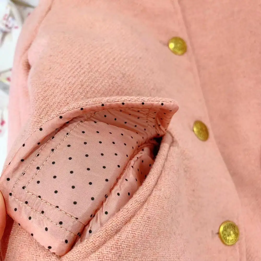 

winter kids outerwear coat Leopard collar pink sweet and lovely pure wool coat High-quality girls' clothes