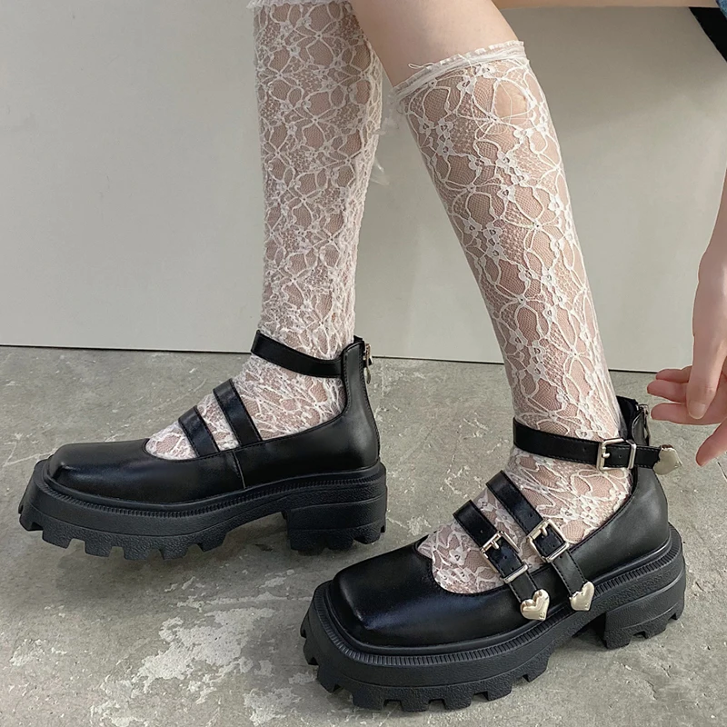 

Rimocy Heart Double Buckle Mary Jane Shoes Women Black Punk Square Toe Thick Platform Shoes Woman Back Zipper Square Heel Pumps