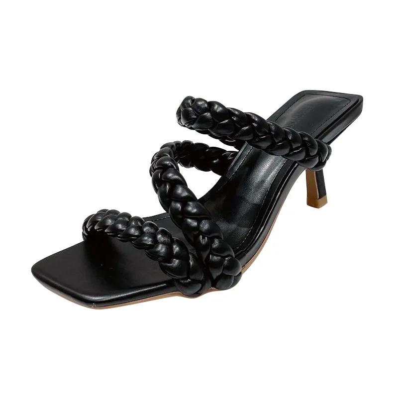 

Square Toe Shoes Low Womens Slippers Outdoor Thin Heels Slides Pantofle Summer 2021 Fabric Rome PU Basic Rubber Hoof Slippers Wo