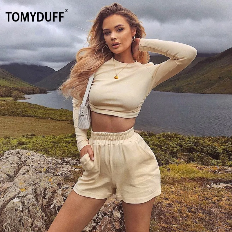 

TOMYDUFF T-shirt Sportwear Shorts Pants Women T-shirts Tee Backless Tee Long Sleeve Tacksuit Outfit Clothes Sets Backless Top