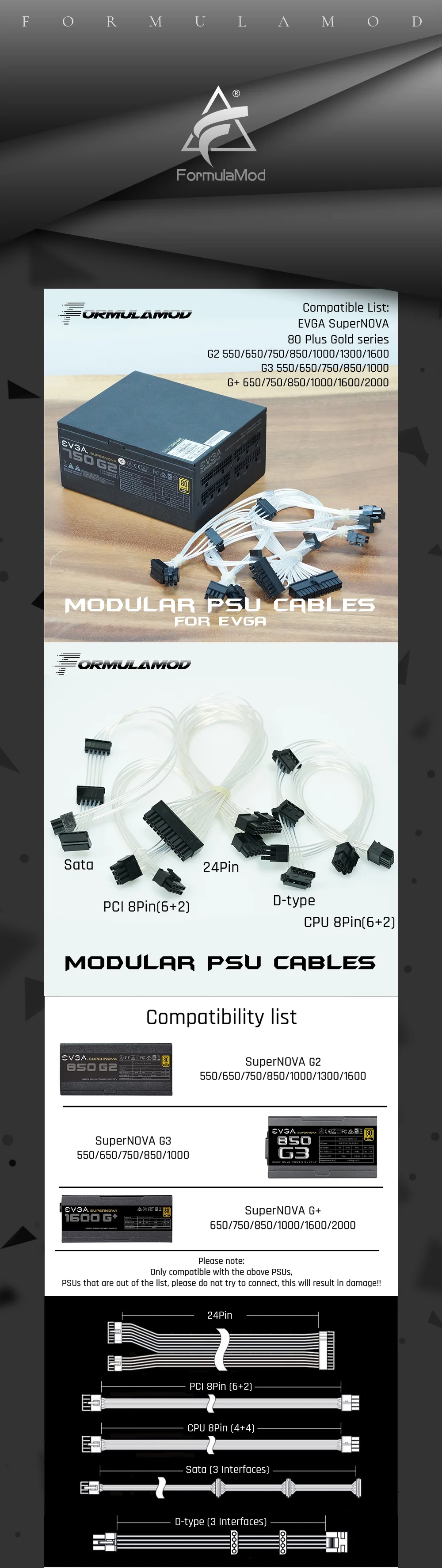 FormulaMod Fm-EVGA-SL, полностью модульные кабели PSU, посеребренный 18AWG, для EVGA G2 G3 G+ Серия Модульных PSU