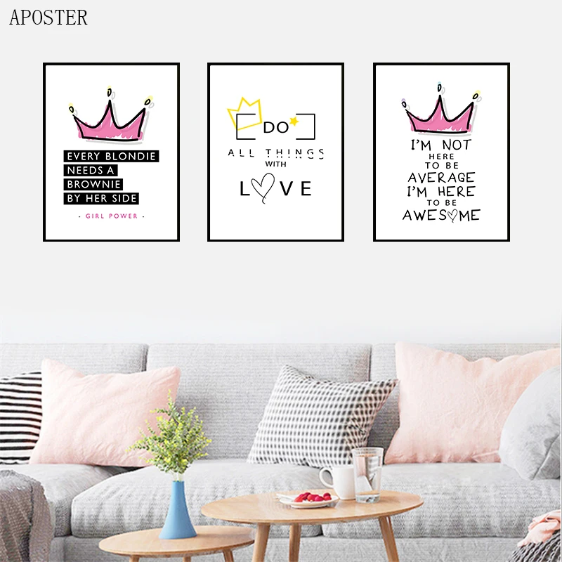 Розовый английский ЛЮБОВЬ слово холст Корона художественный Принт плакат