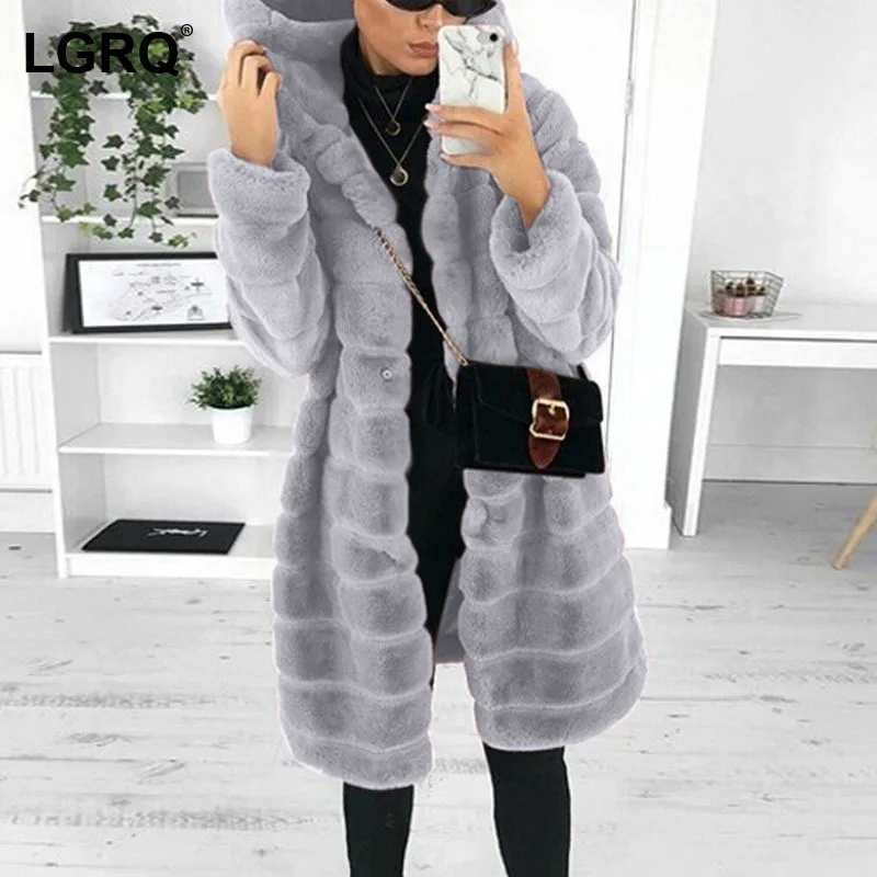 

[LGRQ] Thicken Warm Hight Quality Faux Fur Jacket New Hooded Long Sleeve Women's Coat Fashion Tide Autumn Winter 2021 19D3999