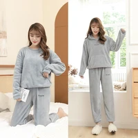 solid color long sleeve sleepwear 2 pcsset pajamas set girl autumn winter warm thicken flannel pyjama women sets women homewear