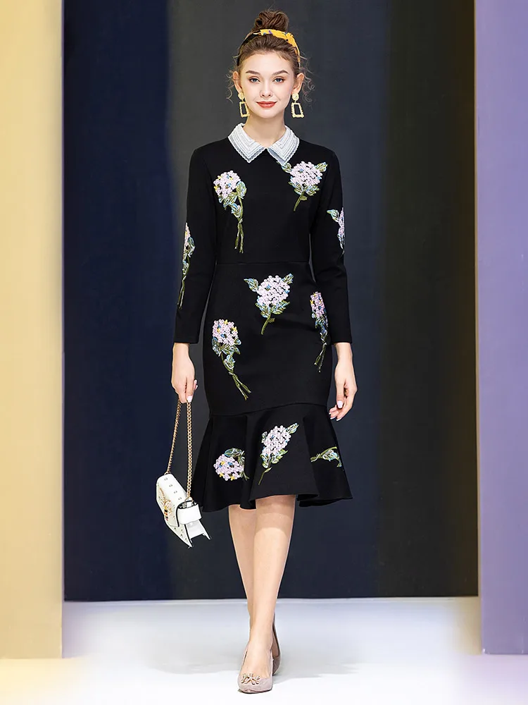 

2022 Spring New Fashion Knitted Cotton Heavy Industry Embroidery Hot Drilling Organza Beaded Diamond Collar Dress for Women