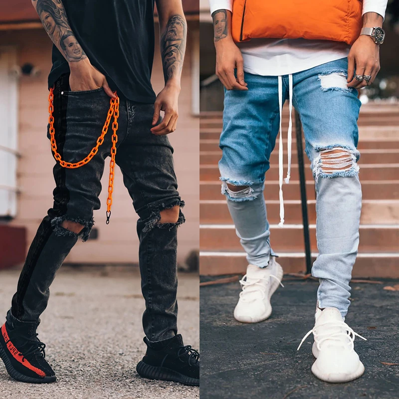 

Мужские обтягивающие джинсы, рваные Стрейчевые джинсы со снежинками, брюки-карандаш в стиле хип-хоп, уличные джинсовые брюки с дырками до ко...