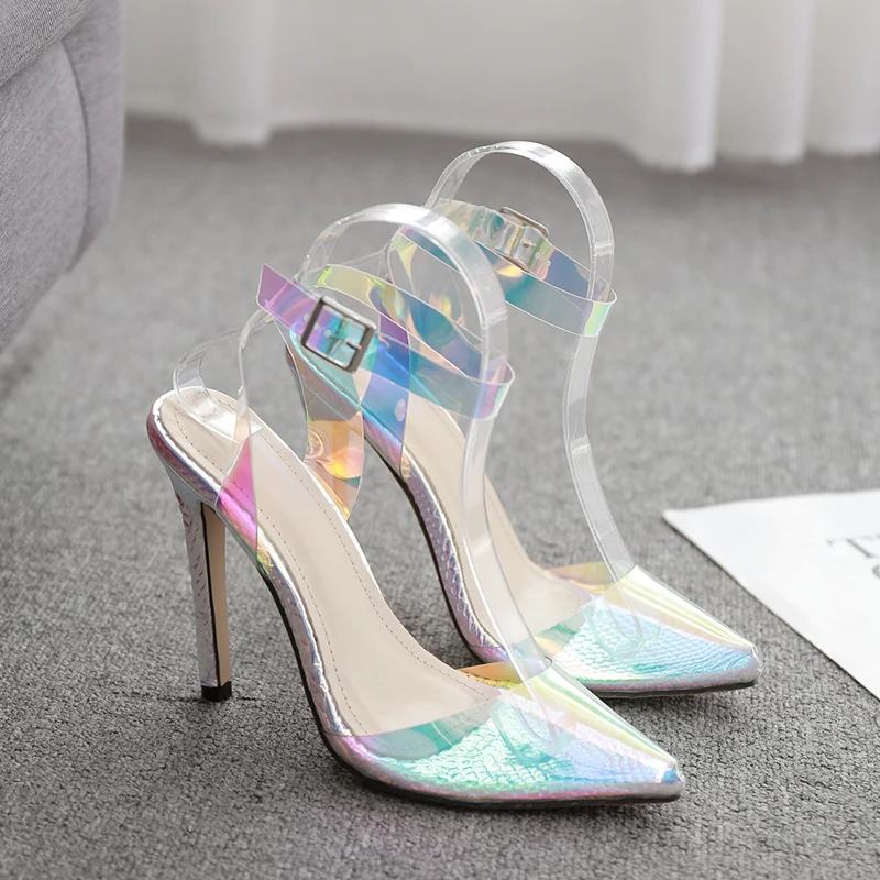 

Women Sandals PVC Transparent Shoes Thin HIgh Heel Sandals Ankle Strap Pointed Toe Shoes Woman