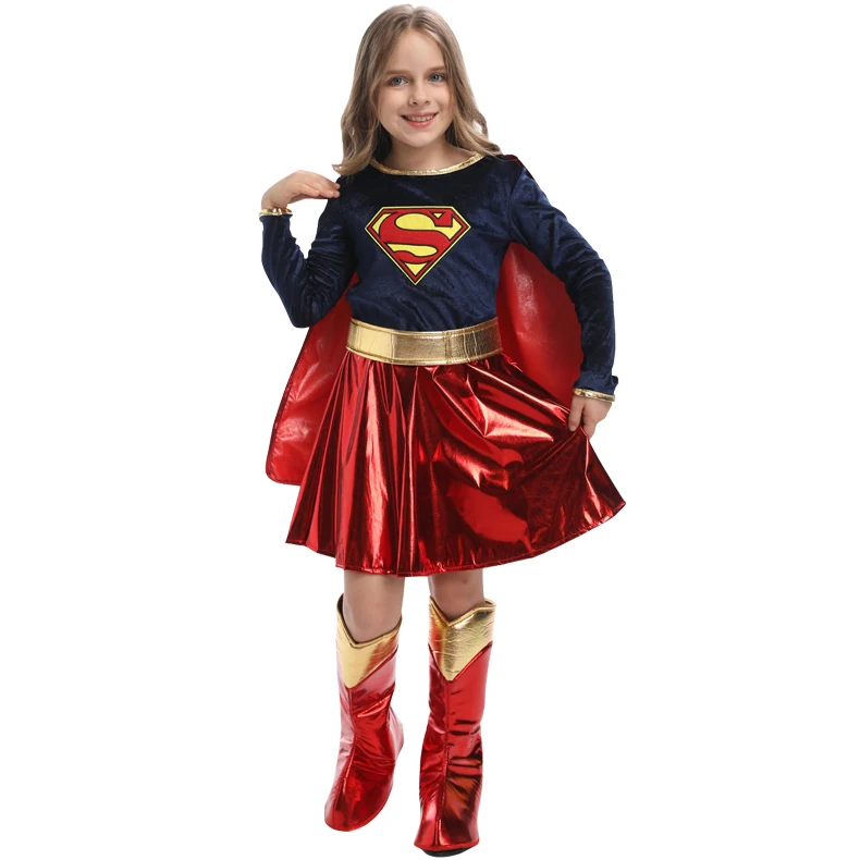 

2021 Halloween New Costume Child Cute Girls Costume Supergirl With Cape Cosplay Purim Costume For Kids Party Dress Up